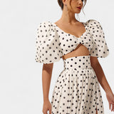 Sherine Polka Dot Sijon și Cămașă cu Mâneci Pufos