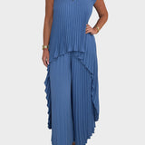 Leta™ - Salopetă plisată cu mâneci scurte și lungime midi neregulată, pantaloni cu funduri largi și talie elastică