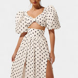 Sherine Polka Dot Sijon și Cămașă cu Mâneci Pufos