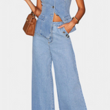 Compleu din denim Ludovica cu sacou mulat și pantaloni largi