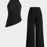 Compleu Pilarica Plisat cu Top Asimetric și Pantaloni Fluturând