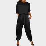 Irena™ - Compleu din satin cu bluză lejeră și pantaloni cargo