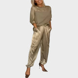 Irena™ - Compleu din satin cu bluză lejeră și pantaloni cargo